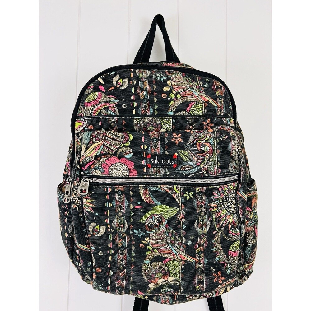 Sakroots Artist Circle Owl Floral Black Colorful Canvas Backpack